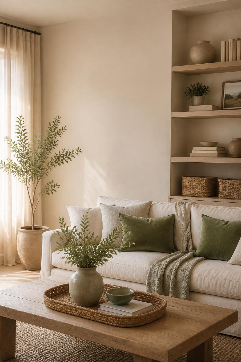 Serene organized living room with sage green accents, cream linens, and natural light in an Easton, CT home